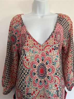 HeartSoul V-Neck Medallion Tunic in Coral, Teal & Tan